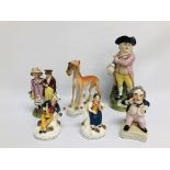 COLLECTION OF STAFFORDSHIRE TO INCLUDE A PAIR OF PORCELAIN MUSICIANS H 12CM A/F,