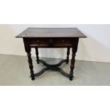 A LATE C17th OAK SINGLE DRAWER SIDE TABLE WITH A WAVY X STRETCHER, W 88CM.