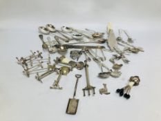 BOX OF ASSORTED SILVER PLATED CUTLERY SERVING FORKS AND SLICES, KNIFE RESTS AND COFFEE BEAN SPOONS,