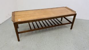 A MID CENTURY REMPLOY TEAK RECTANGULAR COFFEE TABLE WITH SLATTED SHELF BELOW W 44CM, L 125CM,