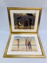 A PAIR OF JACK VALENTINO FRAMED AND MOUNTED PRINTS 41CM X 33CM.