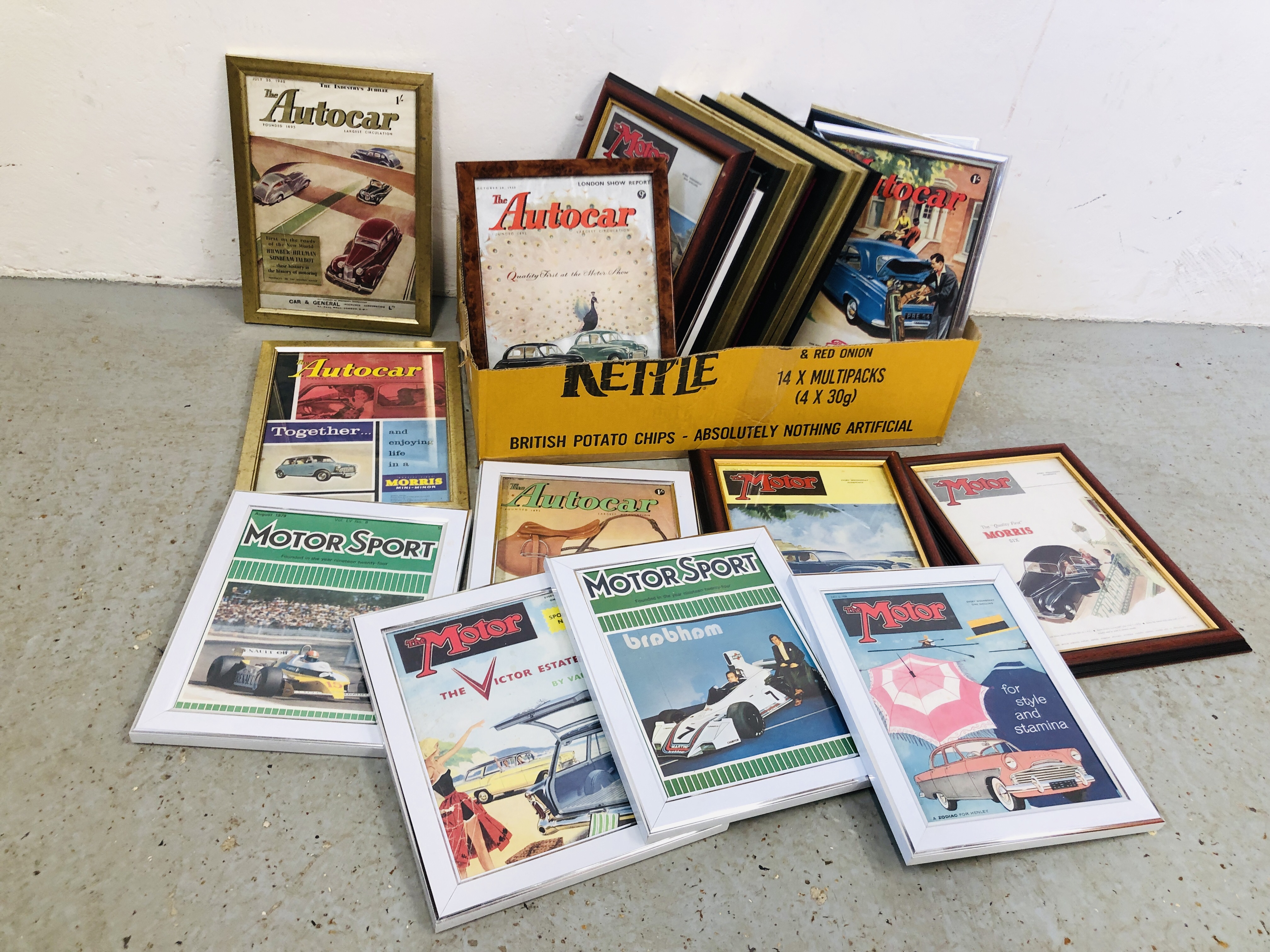 25 FRAMED MOTOR SPORT AND AUTOCAR MAGAZINE CUT OUTS FROM 1950's TO 1970's.