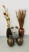 TWO MODERN DESIGNER VASES CONTAINING VARIOUS GRASSES ALONG WITH A PAIR OF DESIGNER POTTERY LAMPS