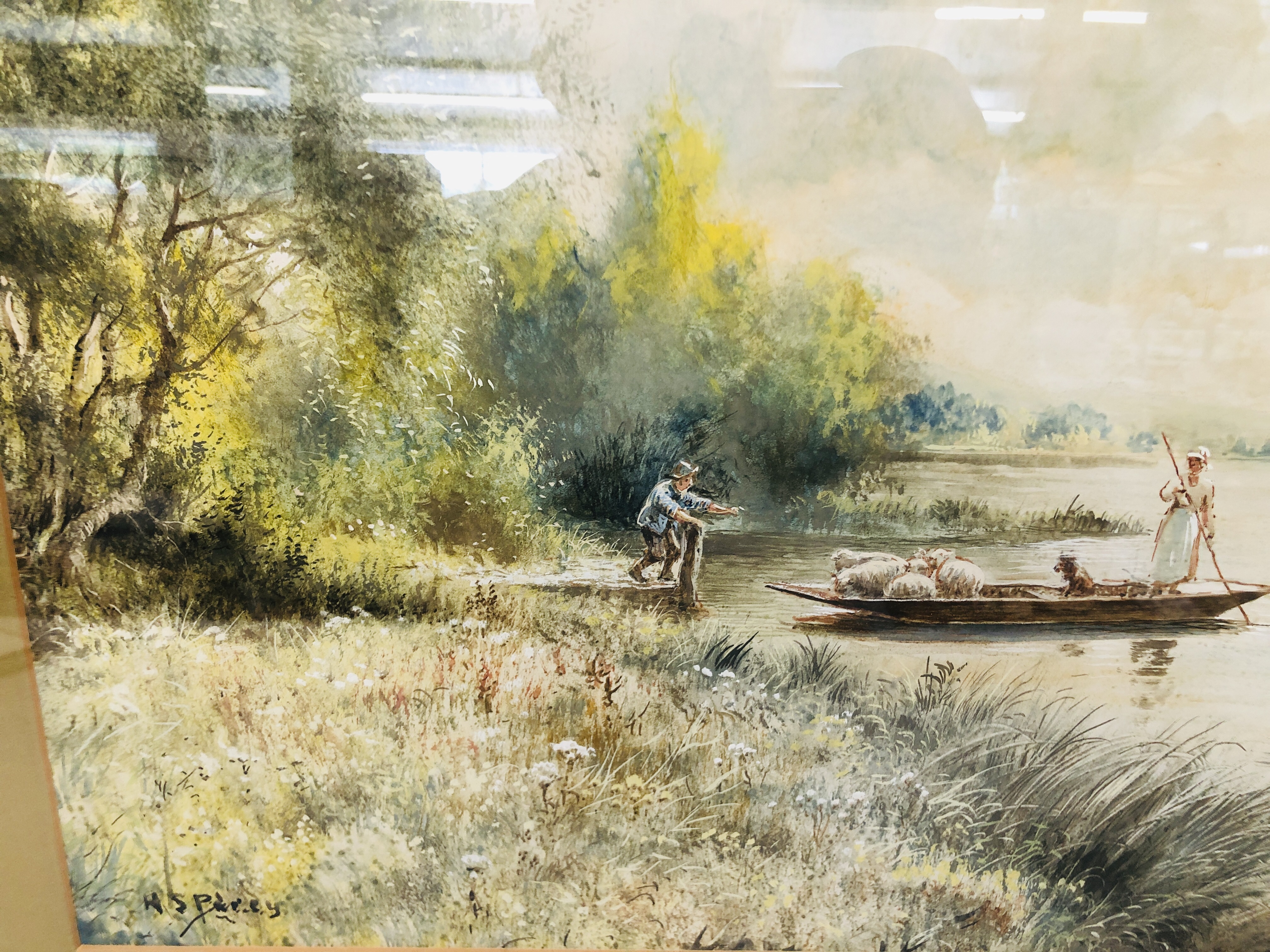 A FRAMED AND MOUNTED WATERCOLOUR OF A SHEPHERDESS MOVING HER SHEEP OVER THE LAKE BEARING SIGNATURE - Image 6 of 10