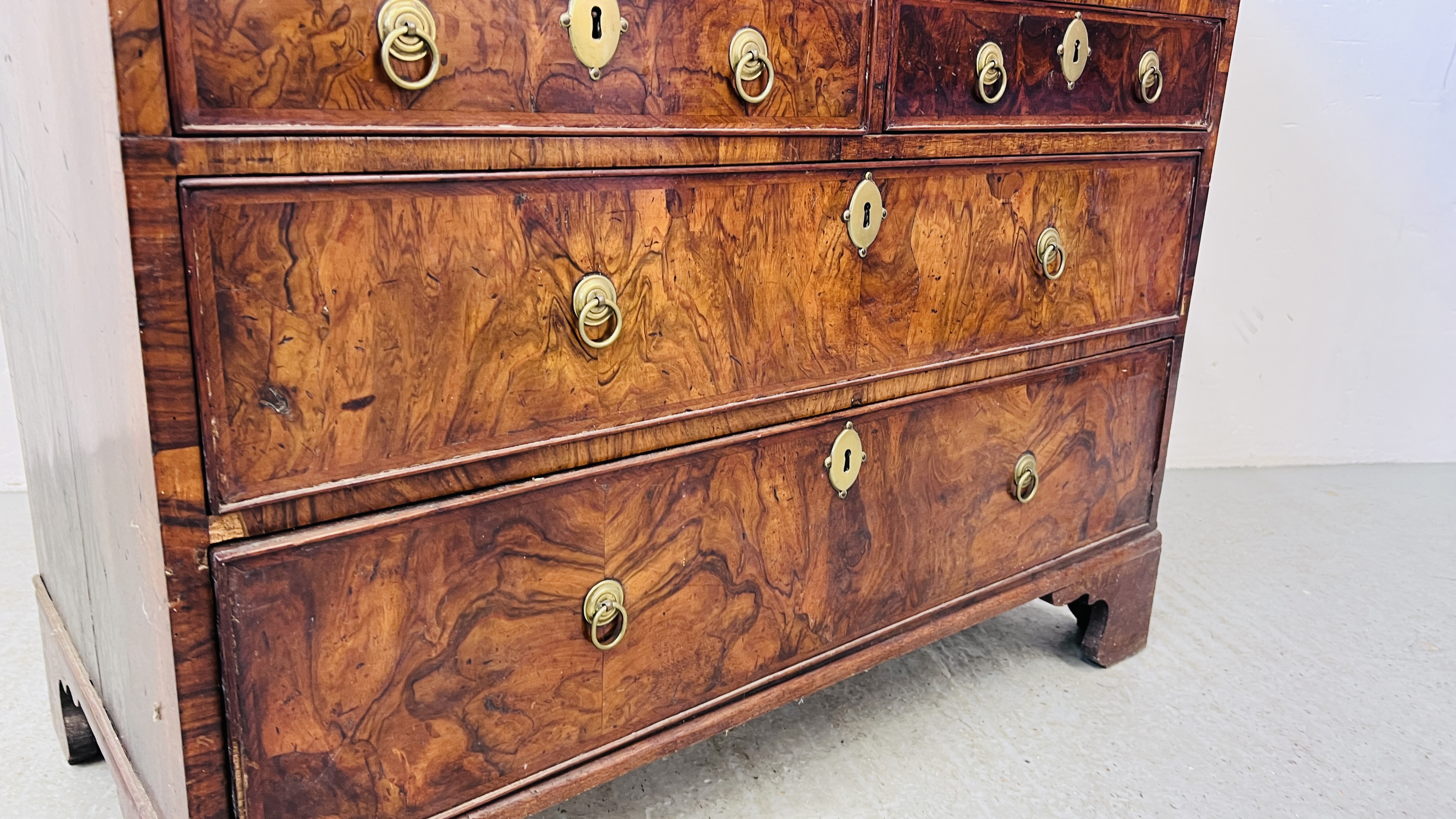 A GEORGE II FIGURED WALNUT BUREAU, THE FALLING FRONT ENCLOSING FITTED INTERIOR, - Image 6 of 17