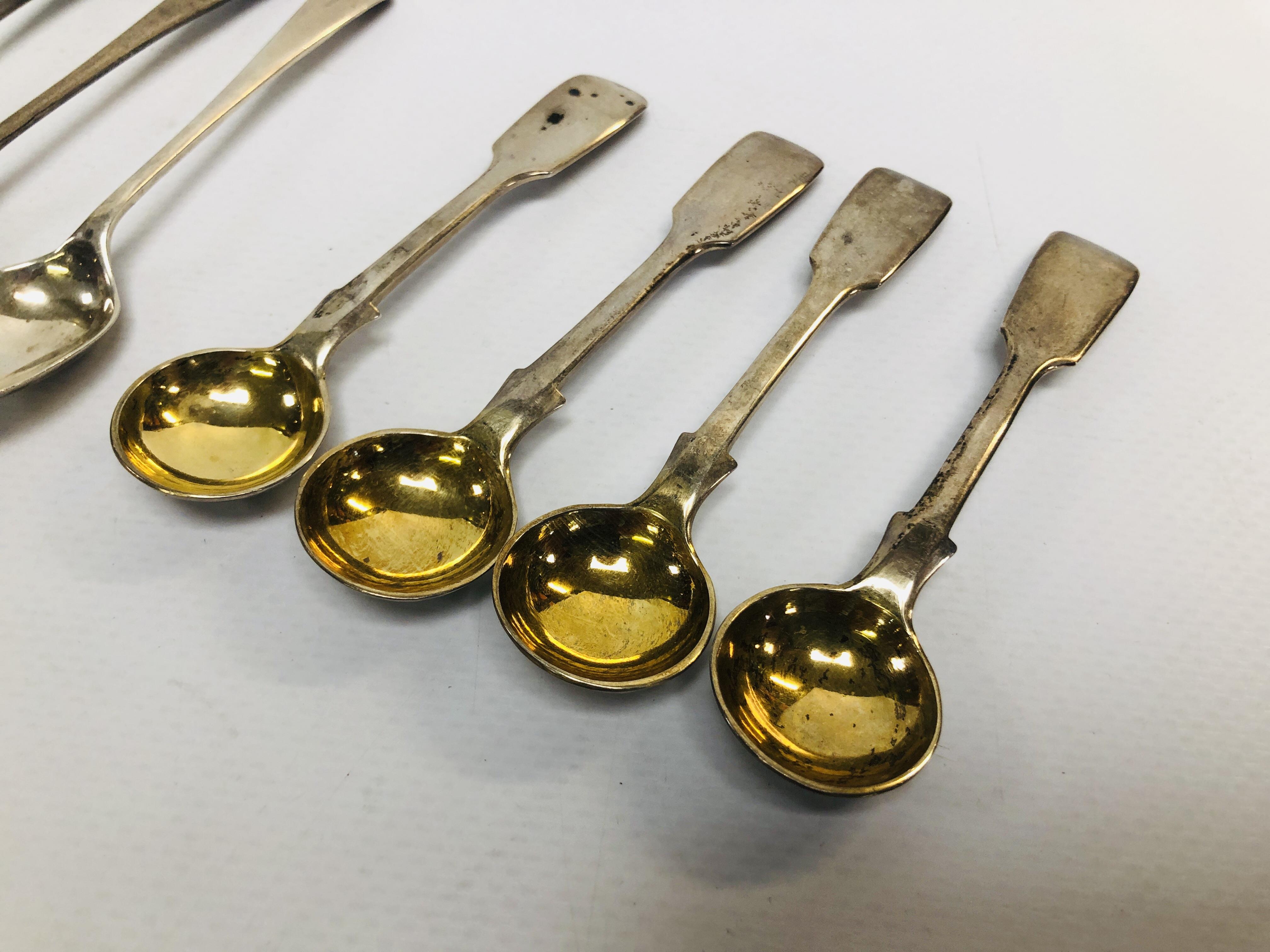FOUR C19th OLD ENGLISH PATTERN SILVER GILT SALT SPOONS ALONG WITH THREE SILVER EGGS AND TWO SILVER - Image 2 of 8