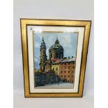 A FRAMED AND MOUNTED OIL ON BOARD OF CONTINENTAL CATHEDRAL BEARING SIGNATURE MCRADJAN 41 X 29CM.