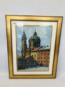A FRAMED AND MOUNTED OIL ON BOARD OF CONTINENTAL CATHEDRAL BEARING SIGNATURE MCRADJAN 41 X 29CM.