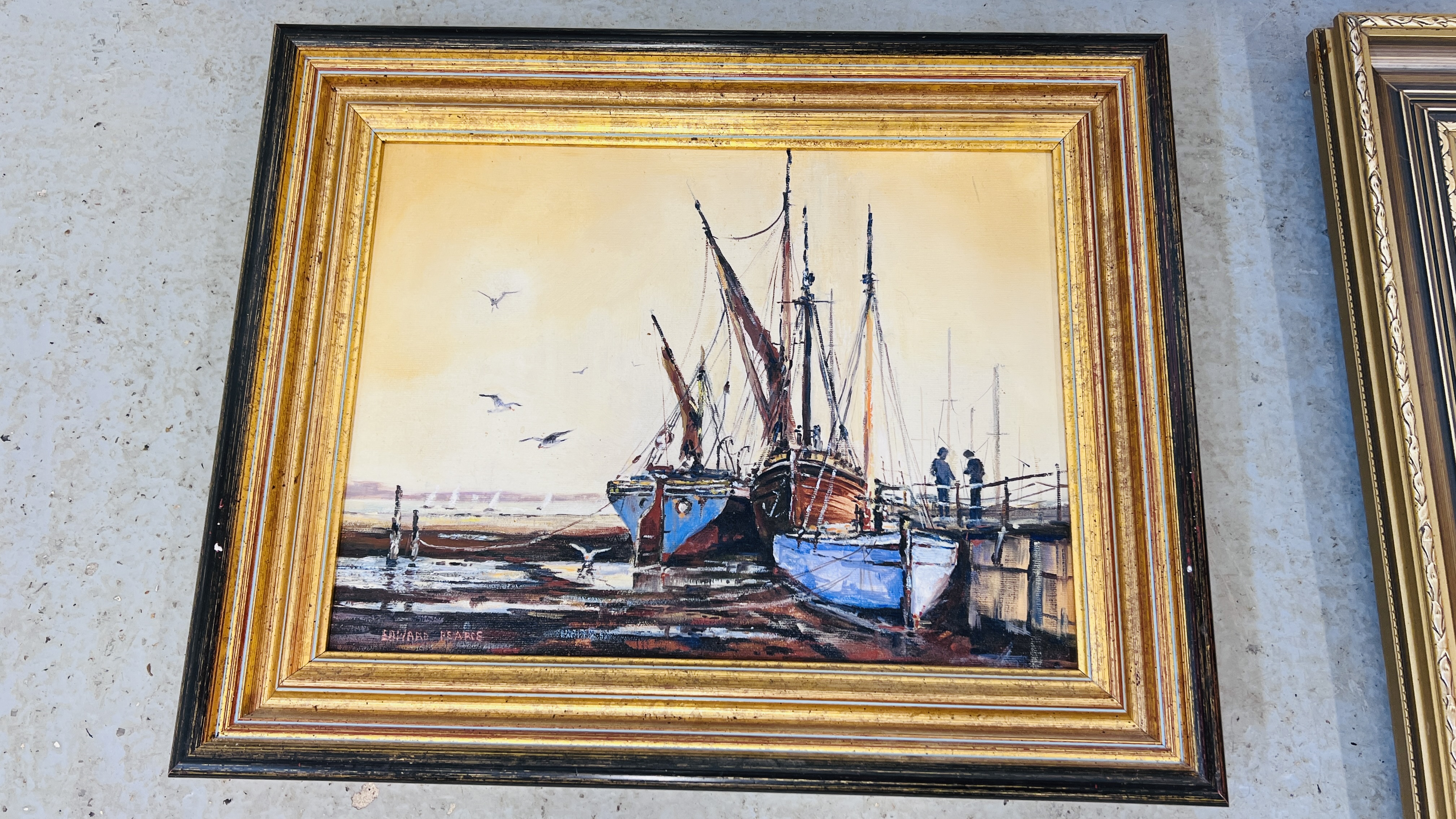 AN ORIGINAL OIL ON BOARD, TRAWLERS BEARING SIGNATURE EDWARD PEARCE WIDTH 39CM. HEIGHT 29CM. - Image 3 of 6