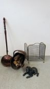 A HEAVY BRASS COPPER COAL HELMET, A VICTORIAN BRASS FOLDING SPARK GUARD, A COPPER BED WARMING PAN,