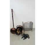 A HEAVY BRASS COPPER COAL HELMET, A VICTORIAN BRASS FOLDING SPARK GUARD, A COPPER BED WARMING PAN,