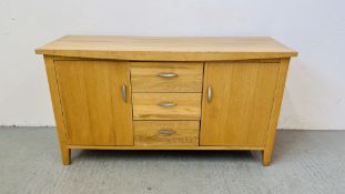 MODERN LIGHT OAK FINISH THREE DRAWER TWO DOOR SIDEBOARD WIDTH 137CM. DEPTH 45CM. HEIGHT 75CM.