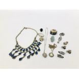 A BAG OF SILVER AND WHITE METAL JEWELLERY TO INCLUDE LOCKET, BROOCHES,