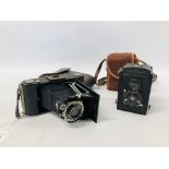 A VINTAGE ZEISS IKON FOLDING CAMERA MODEL BIIS AND VINTAGE VOIGHTLANDER BRILLIANT BOX CAMERA BOTH