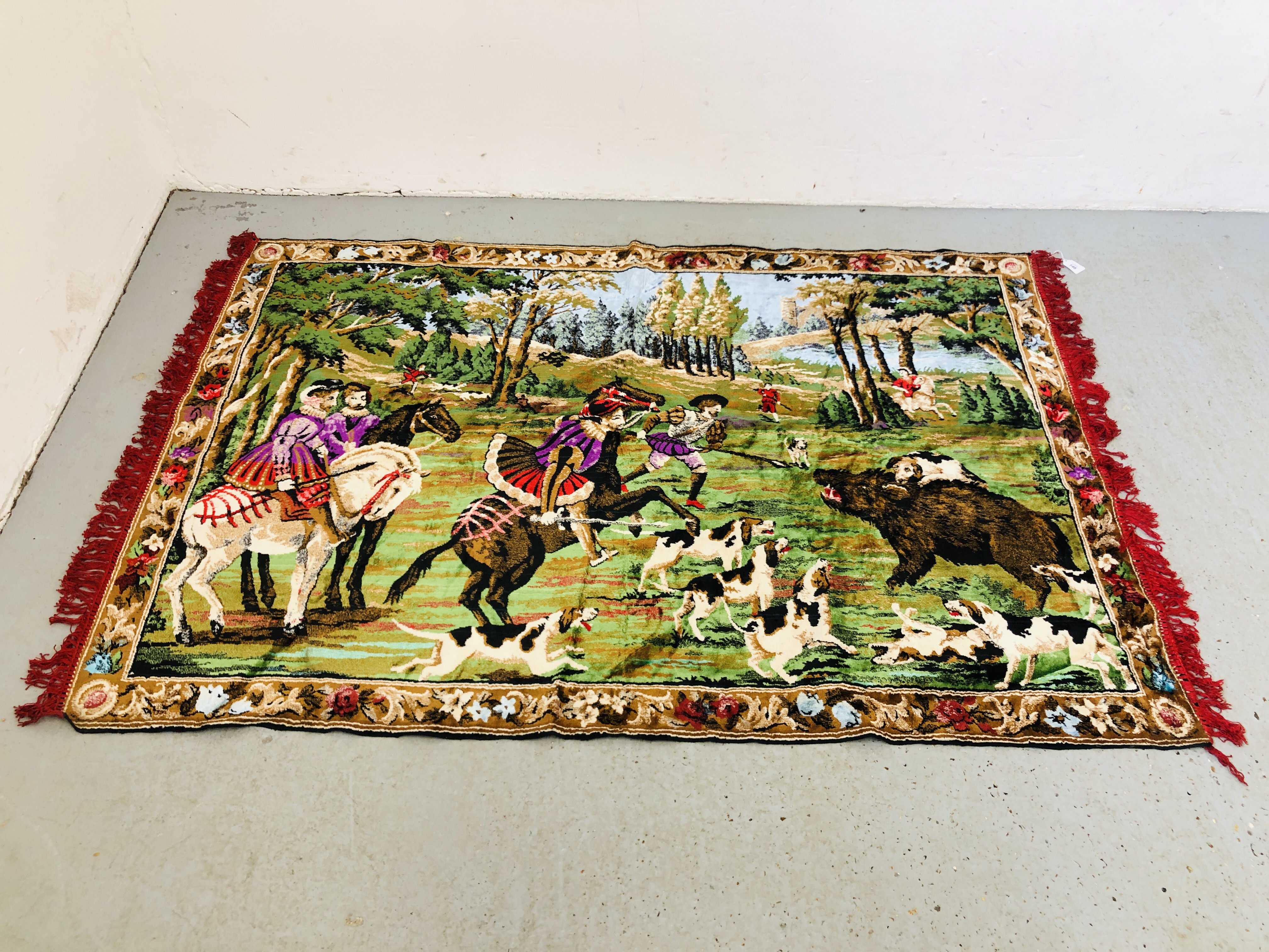 LARGE WALL HANGING DEPICTING A HUNTING SCENE WIDTH 174CM. HEIGHT 117CM.