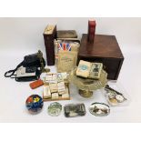 BOX OF VINTAGE COLLECTIBLES TO INCLUDE EPHEMERA, STAMPS AND TEA CARDS, PLATED WARE,