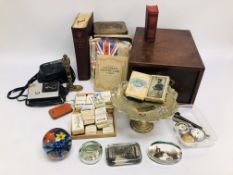 BOX OF VINTAGE COLLECTIBLES TO INCLUDE EPHEMERA, STAMPS AND TEA CARDS, PLATED WARE,