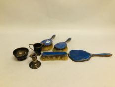 VINTAGE 4 PIECE SILVER BACKED DRESSING TABLE BRUSHES / MIRROR, BLUE ENAMELLED DETAIL,