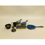 VINTAGE 4 PIECE SILVER BACKED DRESSING TABLE BRUSHES / MIRROR, BLUE ENAMELLED DETAIL,