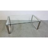 DESIGNER GLASS TOPPED COFFEE TABLE ON CHROME LEGS WIDTH 110CM. DEPTH 60CM. HEIGHT 38CM.