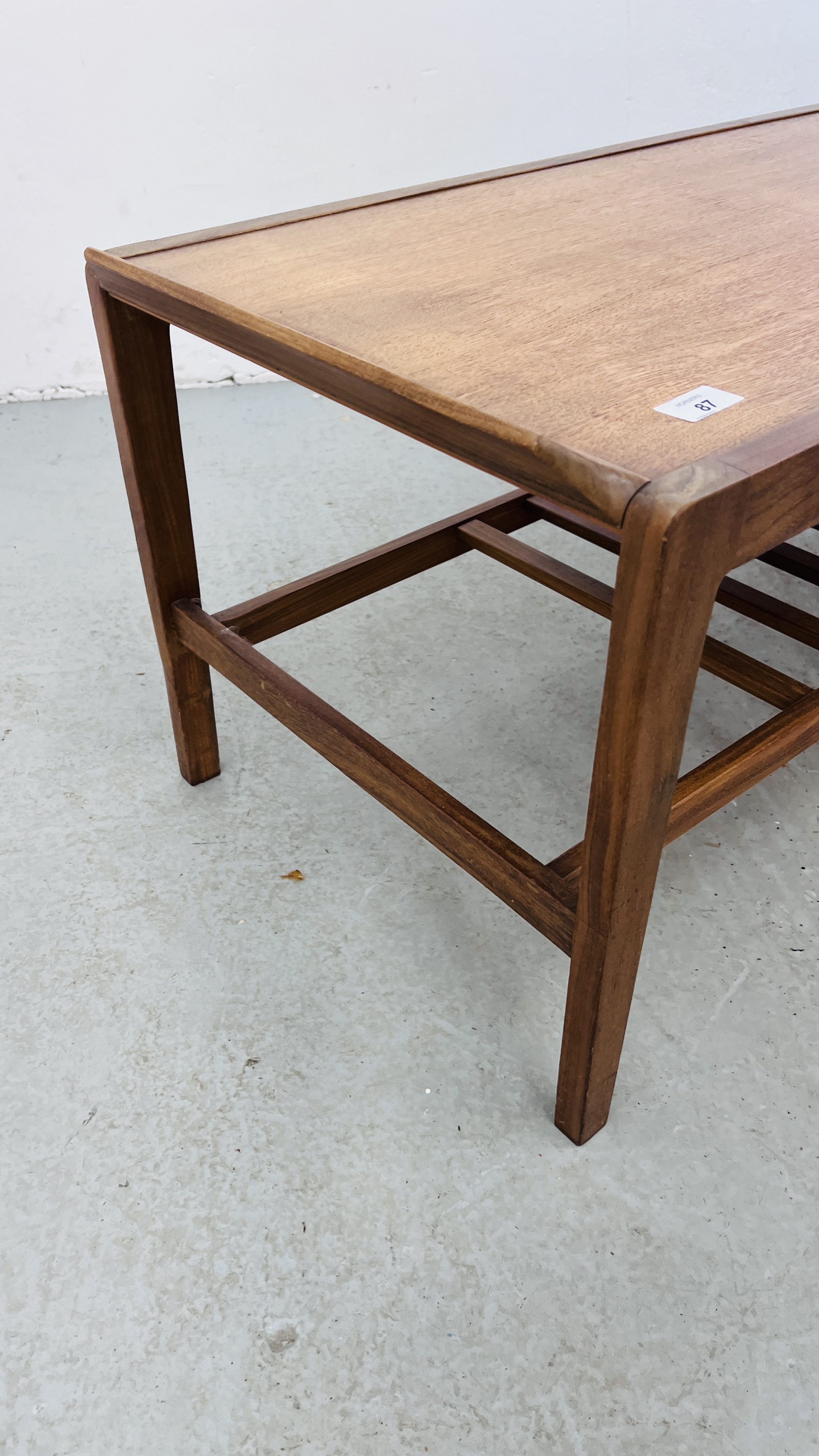 A MID CENTURY REMPLOY TEAK RECTANGULAR COFFEE TABLE WITH SLATTED SHELF BELOW W 44CM, L 125CM, - Image 5 of 7