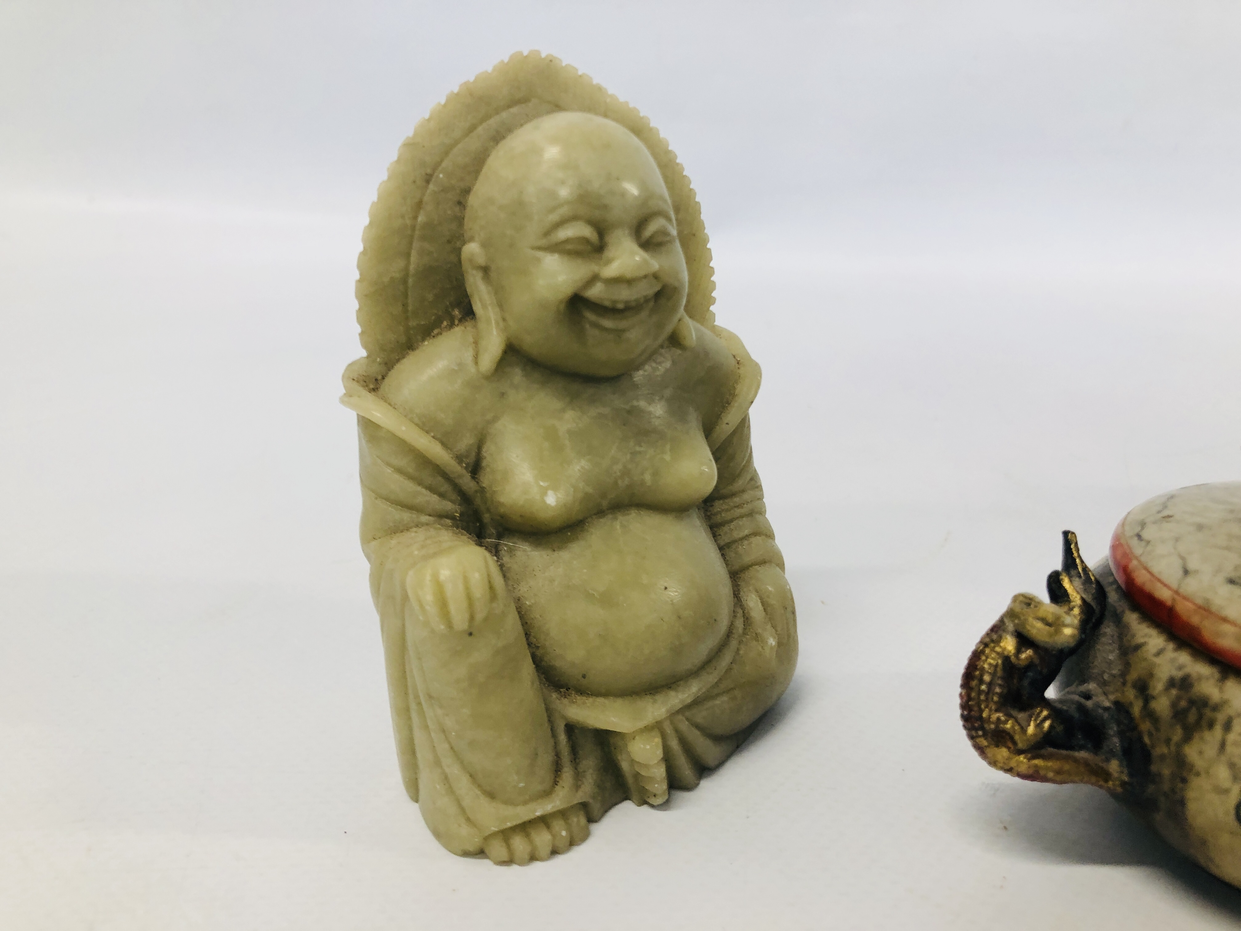 HARD STONE BUDDHA ALONG WITH AN UNUSUAL HARD STONE LIDDED POT, - Image 2 of 7