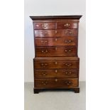 A GEORGE III MAHOGANY CHEST ON CHEST, RETAINING ORIGINAL HANDLES, THE BASE WITH BRUSHING SLIDE,