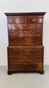 A GEORGE III MAHOGANY CHEST ON CHEST, RETAINING ORIGINAL HANDLES, THE BASE WITH BRUSHING SLIDE,