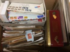 TWO BOXES MAINLY OVERSEAS STAMPS IN ENVELOPES, SMALL BOXES AND LOOSE.