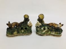 A PAIR OF UNUSUAL STAFFORDSHIRE MODELS OF A FOX AND RABBIT, W 10CM, A/F.