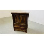 VINTAGE HARDWOOD TWO DOOR THREE DRAWER EASTERN CABINET WITH METAL CRAFT HANDLES, W 51CM, D 38CM,