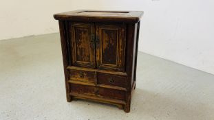 VINTAGE HARDWOOD TWO DOOR THREE DRAWER EASTERN CABINET WITH METAL CRAFT HANDLES, W 51CM, D 38CM,