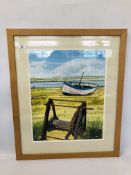 A FRAMED AND MOUNTED WATERCOLOUR "LOOKING TOWARDS SOUTHWOLD" 1997 BEARING SIGNATURE PAUL BENNETT