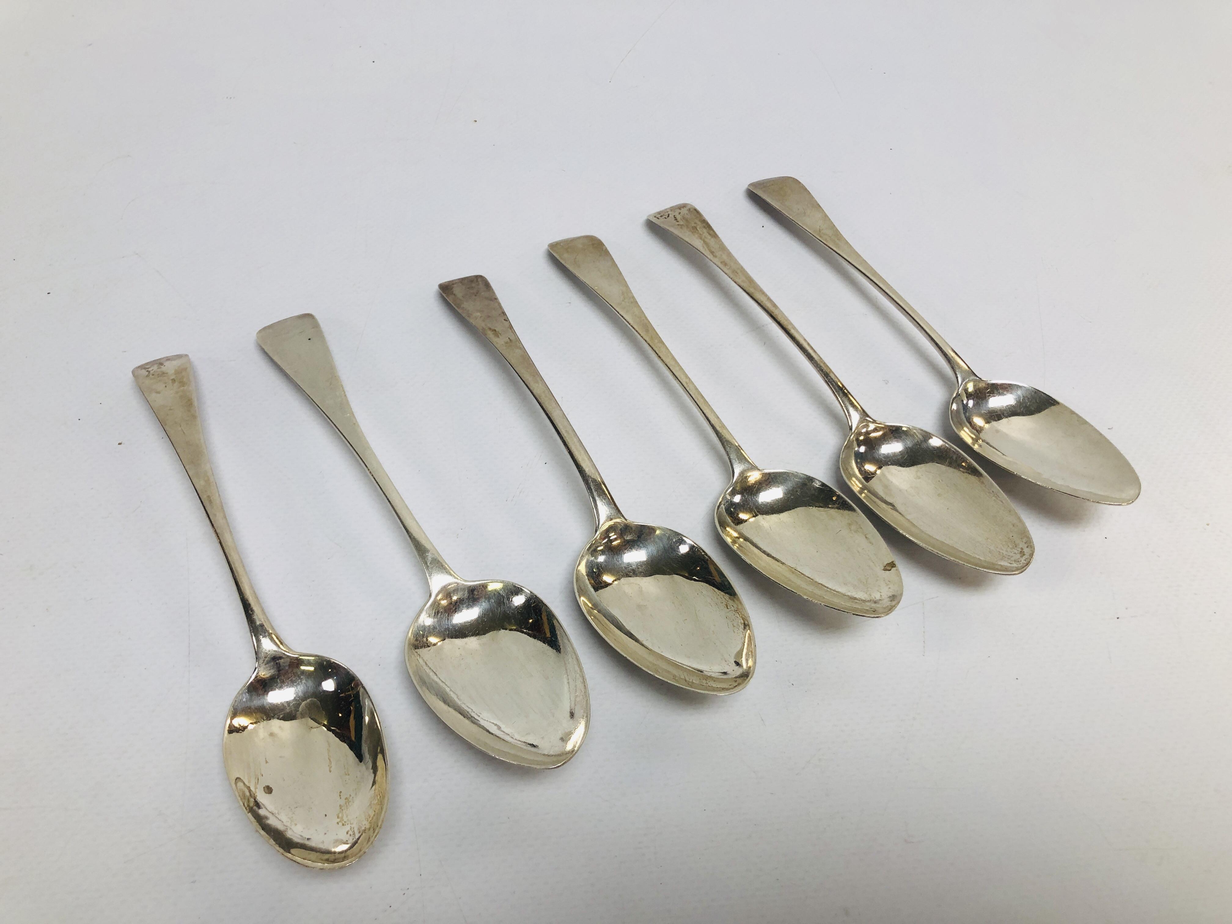 A MATCHED SET OF SIX OLD ENGLISH PATTERN DESSERT SPOONS, GEORGIAN WITH DIFFERENT DATES AND MAKERS.