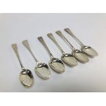 A MATCHED SET OF SIX OLD ENGLISH PATTERN DESSERT SPOONS, GEORGIAN WITH DIFFERENT DATES AND MAKERS.