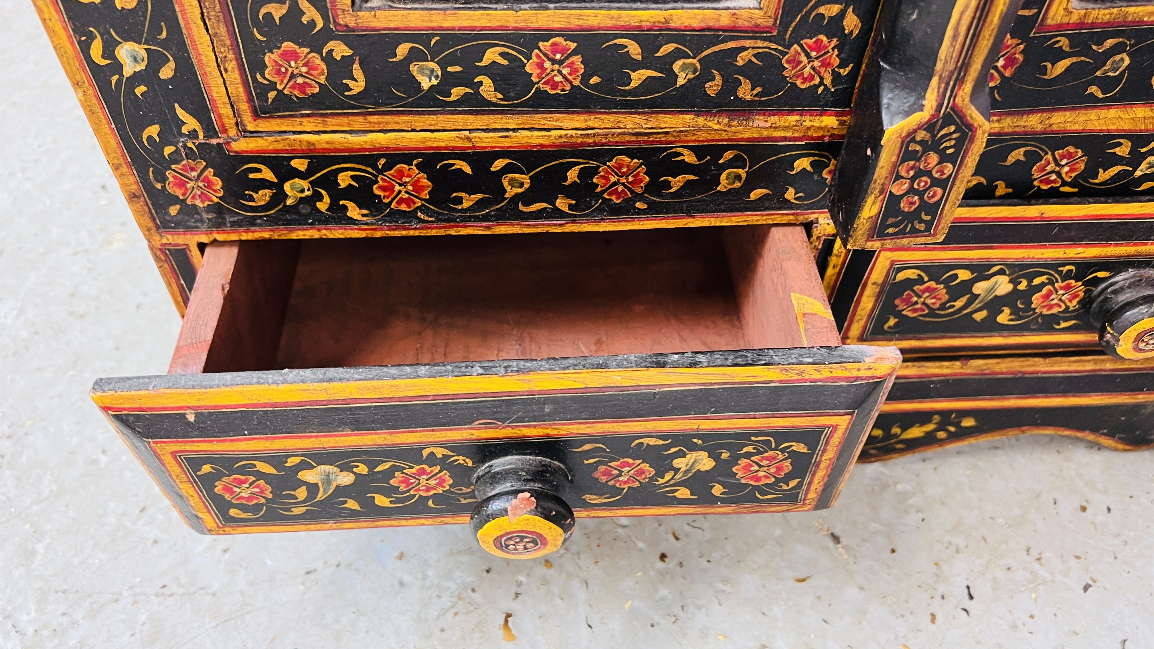 HARDWOOD EASTERN TWO DOOR TWO DRAWER CABINET WITH PAINTED CHASED AND FLOWER DECORATION, W 57CM, - Image 8 of 8