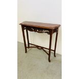 A REPRODUCTION MAHOGANY HALL TABLE WITH FRETWORK DETAIL W 82CM, D 26CM, H 76CM.