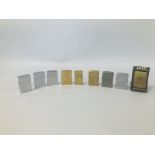 9 VARIOUS ZIPPO POCKET LIGHTERS (6 PERSONALISED) 2 A/F.