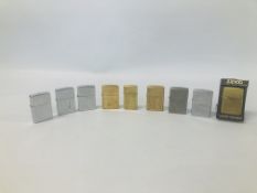 9 VARIOUS ZIPPO POCKET LIGHTERS (6 PERSONALISED) 2 A/F.