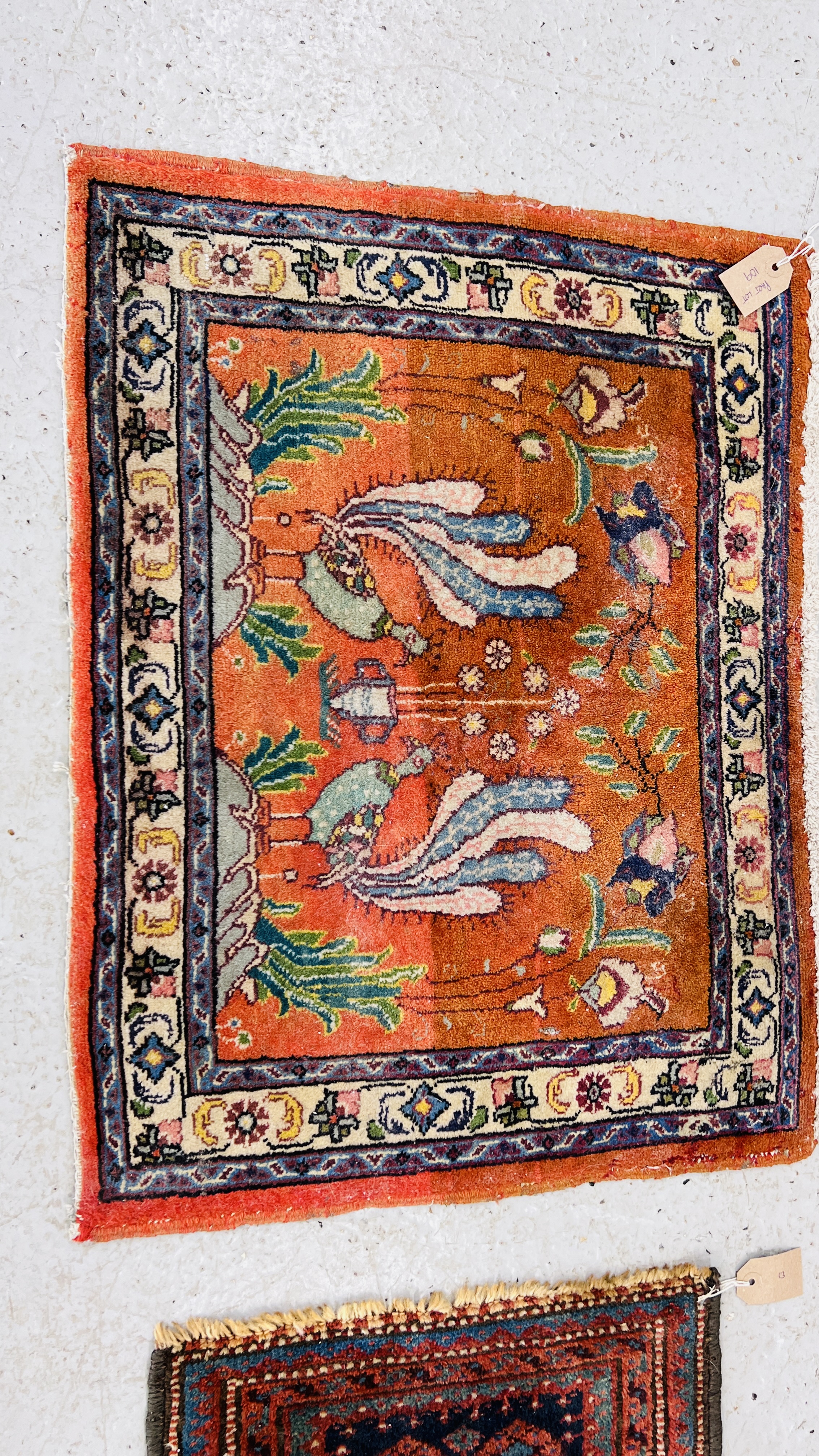 A PERSIAN RUG WOVEN WITH PAIR OF EXOTIC BIRDS BY A TWO HANDLED VASE AND FLOWERS 69CM X 53CM AND A - Image 2 of 5