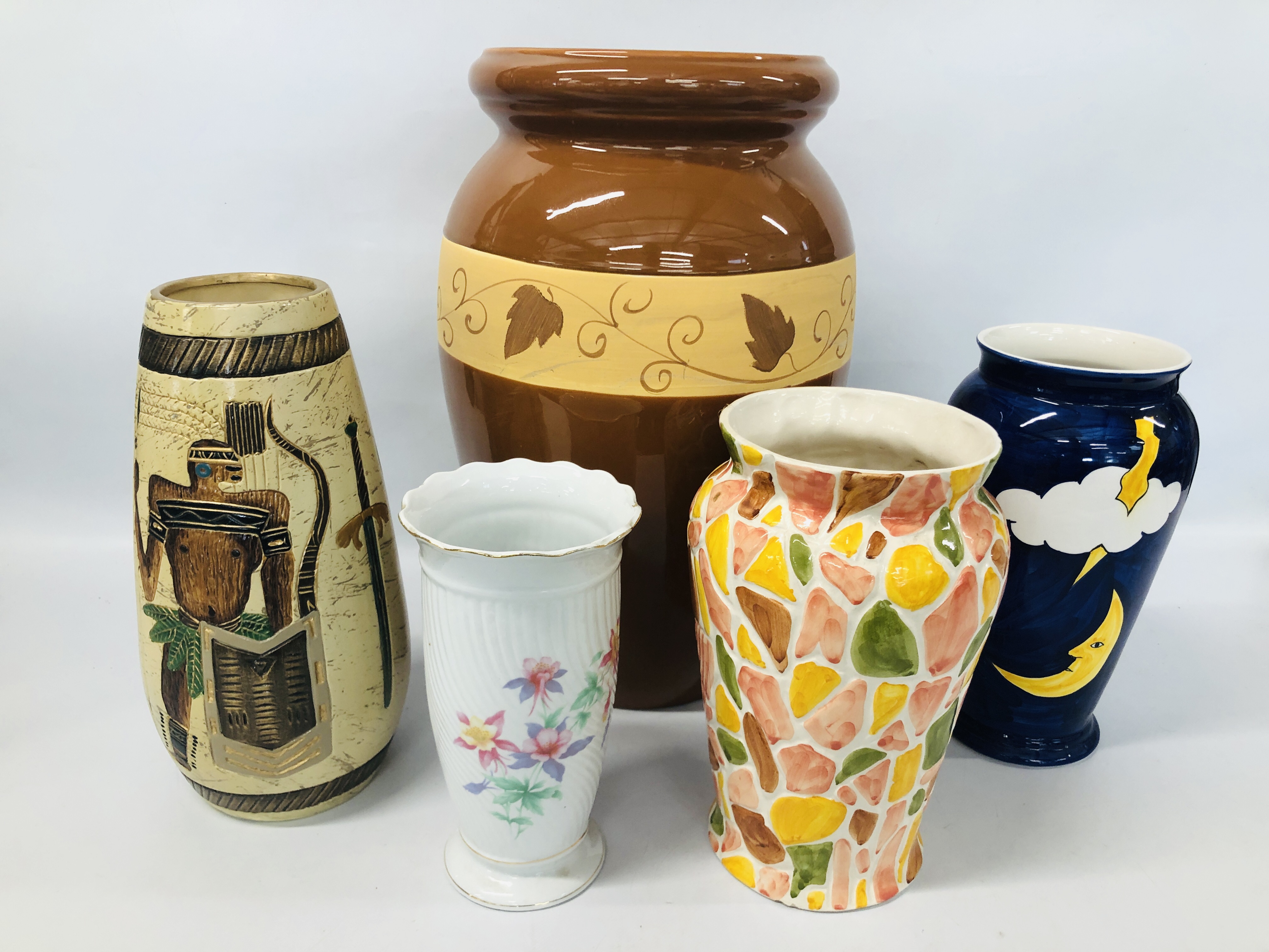 FIVE VARIOUS DECORATIVE VASES INCLUDING EGYPTIAN, BROWN GLAZED,