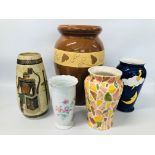 FIVE VARIOUS DECORATIVE VASES INCLUDING EGYPTIAN, BROWN GLAZED,