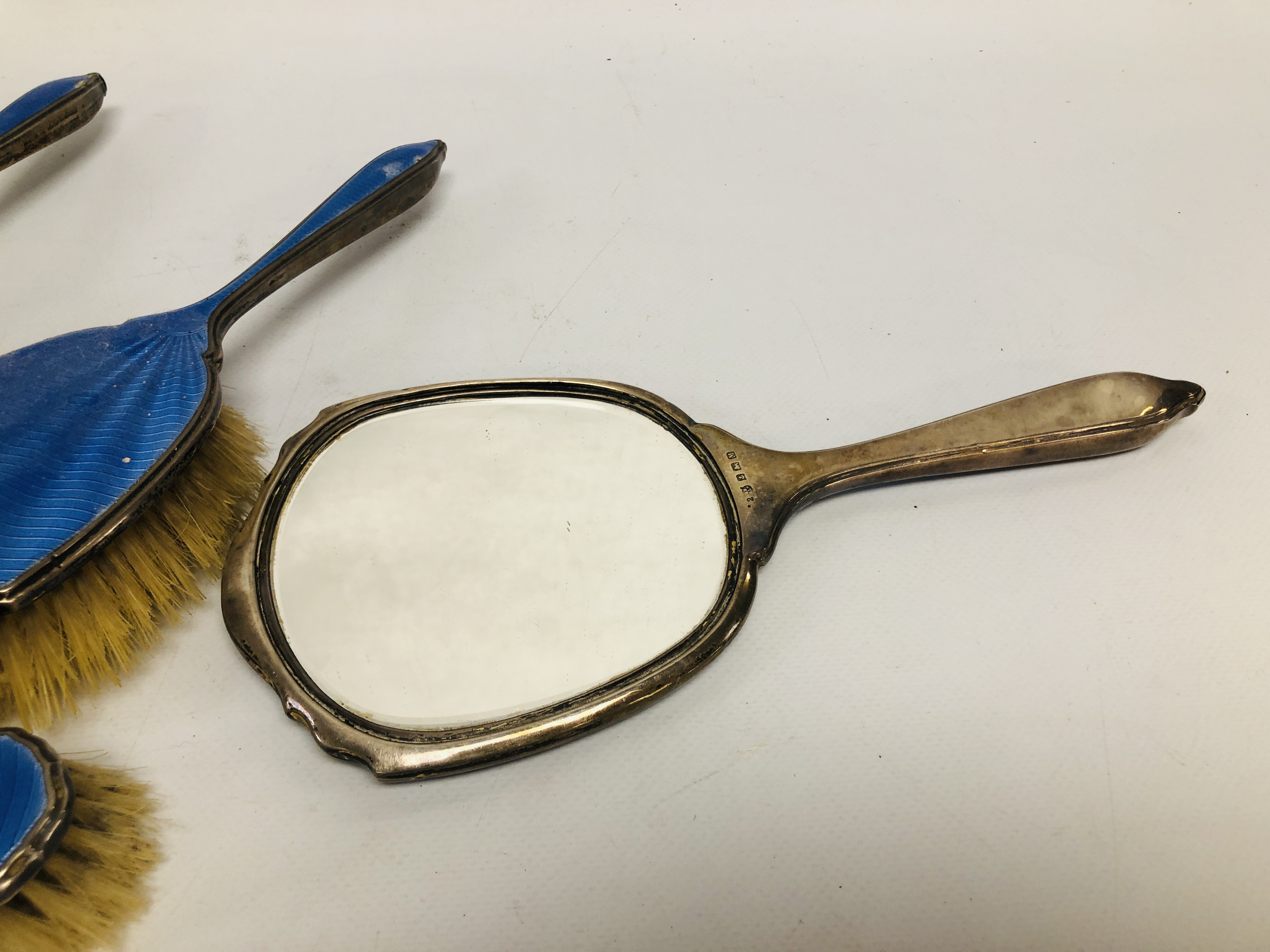 VINTAGE 4 PIECE SILVER BACKED DRESSING TABLE BRUSHES / MIRROR, BLUE ENAMELLED DETAIL, - Image 7 of 8