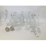 EIGHT GLASS DECANTERS ALONG WITH EXTRA STOPPERS AND STUART CRYSTAL CANDLE HOLDER