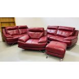 A FOUR PIECE ITALIAN STYLE RED LEATHER LOUNGE SUITE COMPRISING THREE SEATER, TWO SEATER,