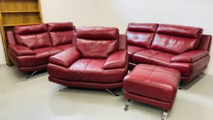 A FOUR PIECE ITALIAN STYLE RED LEATHER LOUNGE SUITE COMPRISING THREE SEATER, TWO SEATER,