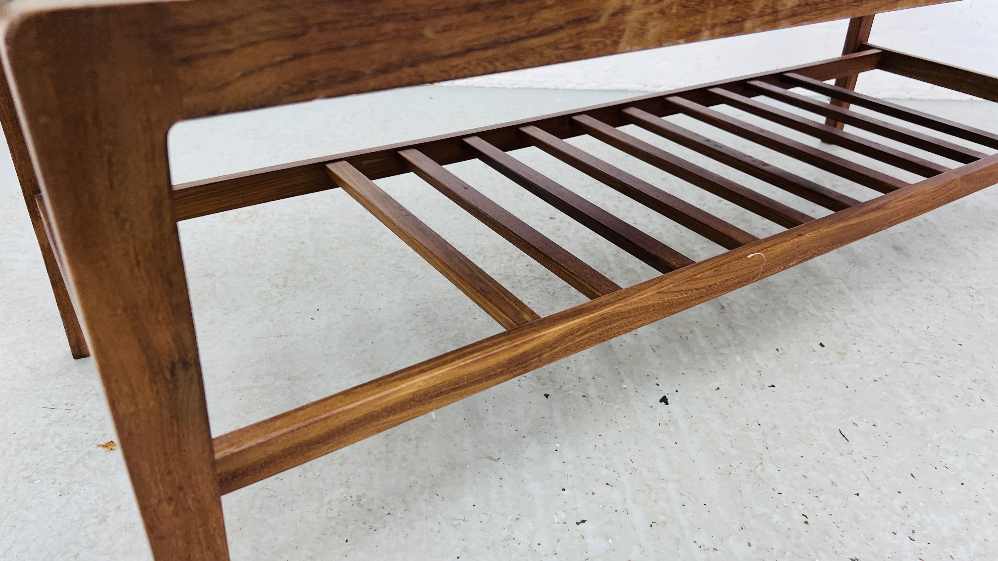 A MID CENTURY REMPLOY TEAK RECTANGULAR COFFEE TABLE WITH SLATTED SHELF BELOW W 44CM, L 125CM, - Image 4 of 7