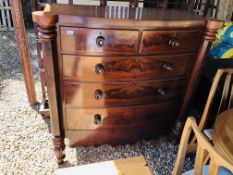 A VICTORIAN MAHOGANY SCOTCH STYLE TWO OVER THREE BOW FRONTED CHEST OF DRAWERS A/F W 132CM, D 53CM,