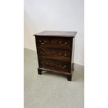 A MAHOGANY THREE DRAWER CHEST, GEORGIAN AND LATER, W 66CM.