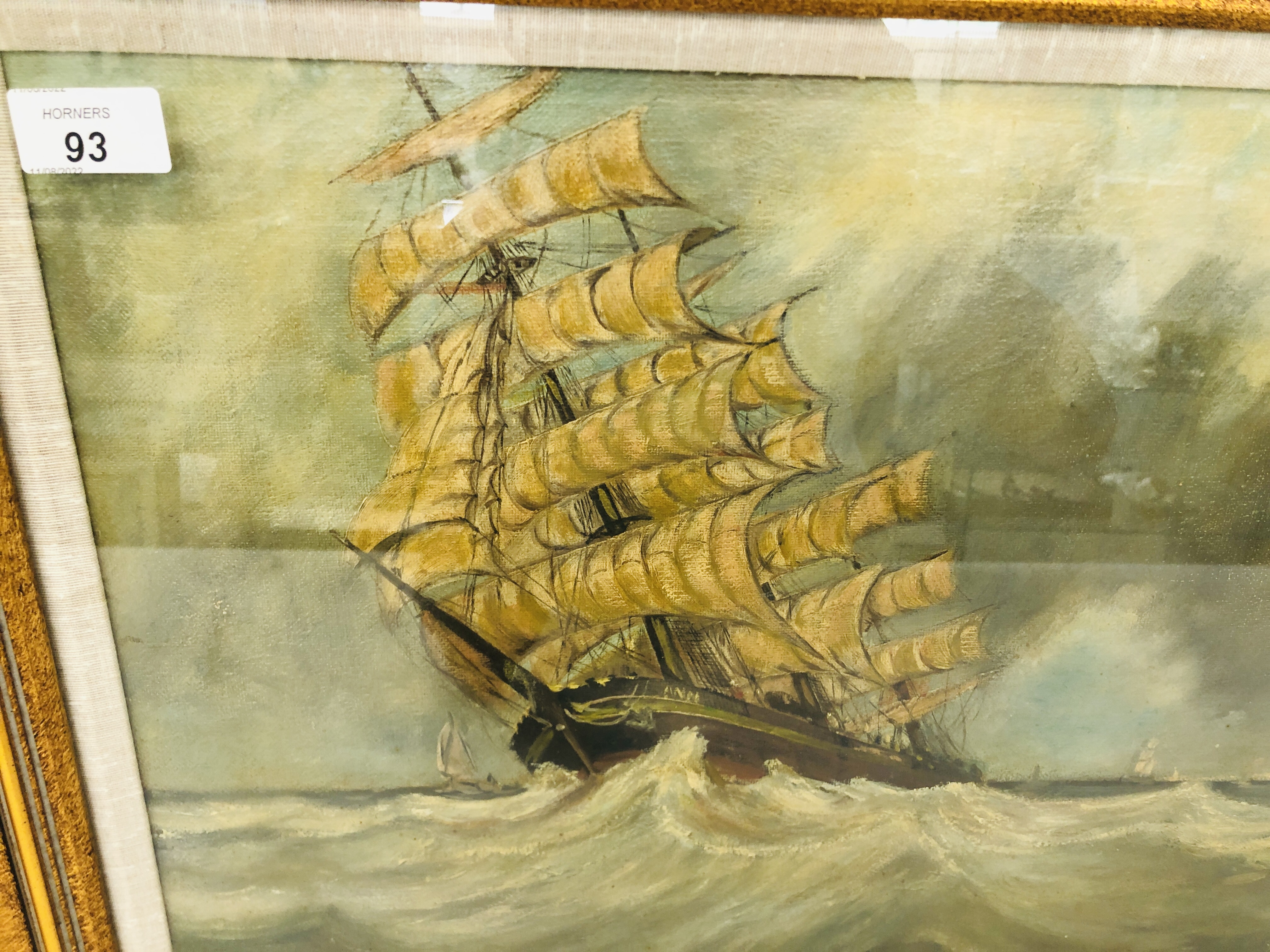 A FRAMED AND MOUNTED OIL ON CANVAS PAINTING OF A SHIP AT SEA BEARING SIGNATURE BIRCHALL 49CM X 39CM. - Image 3 of 7